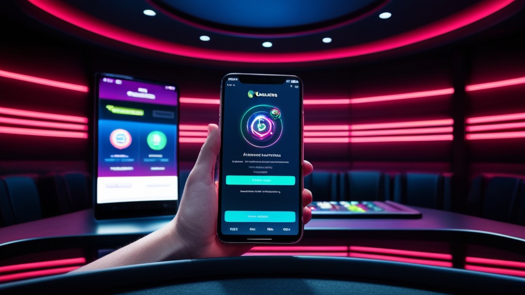 Smartphone mit APK-Download und Sicherheitsprüfung in dunkler Casino-Atmosphäre